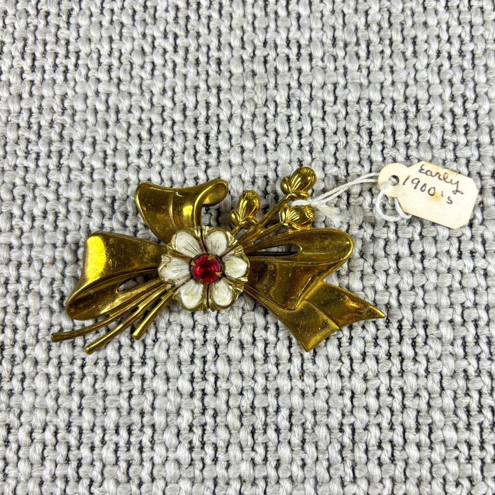Early 1900s Timeless Gold Brooch Enamel‎ Flower Ruby Rhinestone Bow Pin